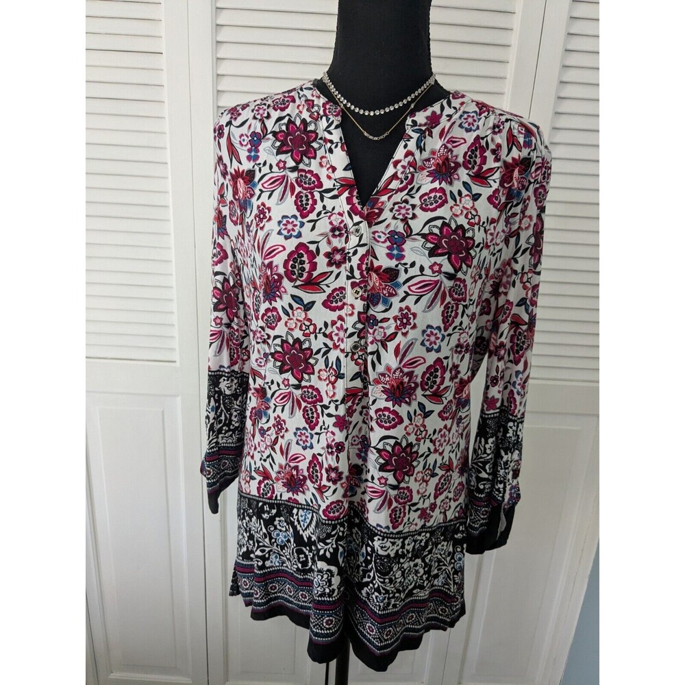 CANDA Top Womens 8 Boho Chic Red Multi Floral Cottagecore Blouse Tunic Colorful